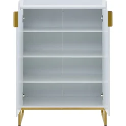 Meuble à Chaussures Blanc, Armoire à Chaussures Design avec Portes Dorées et 4 Étagères, Pieds en Métal - 75x37x105 cm