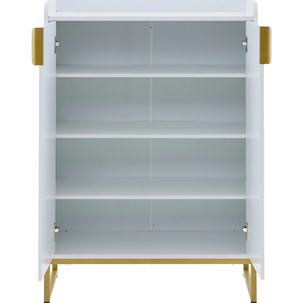 Meuble à Chaussures Blanc, Armoire à Chaussures Design avec Portes Dorées et 4 Étagères, Pieds en Métal - 75x37x105 cm