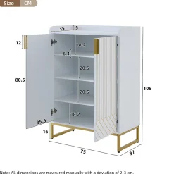 Meuble à Chaussures Blanc, Armoire à Chaussures Design avec Portes Dorées et 4 Étagères, Pieds en Métal - 75x37x105 cm