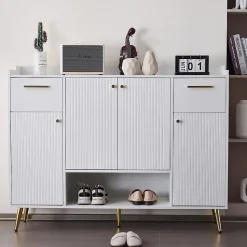 Meuble à Chaussures Blanc avec 2 Tiroirs et 4 Portes, Pieds Métal - 130x37x100 cm