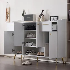 Meuble à Chaussures Blanc avec 2 Tiroirs et 4 Portes, Pieds Métal - 130x37x100 cm