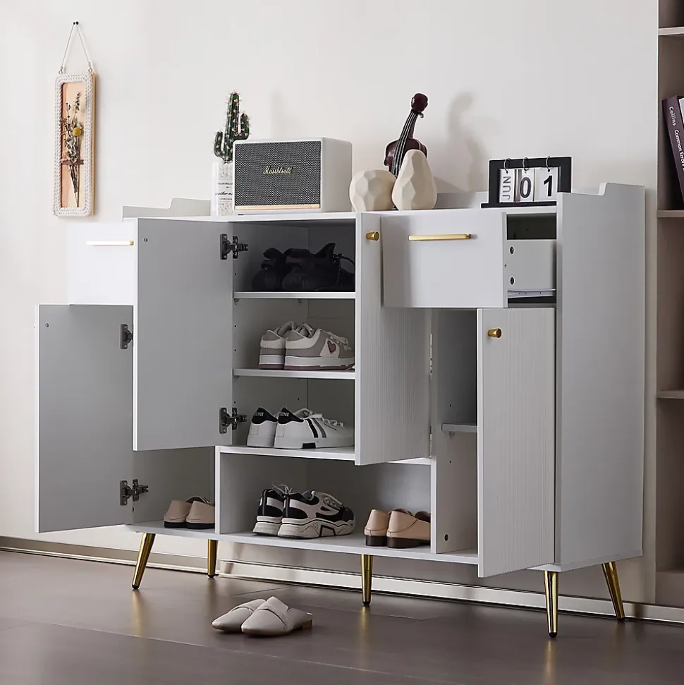 Meuble à Chaussures Blanc avec 2 Tiroirs et 4 Portes, Pieds Métal - 130x37x100 cm
