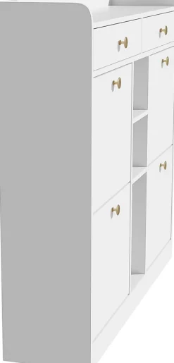 Meuble à chaussures blanc 110x26x100 cm, 4 portes, 2 tiroirs, 3 étagères ouvertes, design moderne
