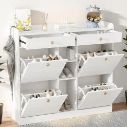 Meuble à chaussures blanc 110x26x100 cm, 4 portes, 2 tiroirs, 3 étagères ouvertes, design moderne