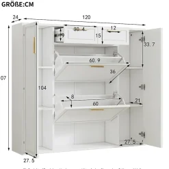 Meuble à Chaussures Blanc 2 Tiroirs et Étagères Réglables, Armoire à Chaussures avec Portes et Poignées Dorées - 120x24x107 cm