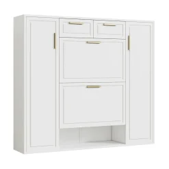 Meuble à Chaussures Blanc 2 Tiroirs et Étagères Réglables, Armoire à Chaussures avec Portes et Poignées Dorées - 120x24x107 cm
