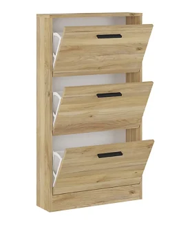 Meuble à chaussures, commode à chaussures à 3 portes coloris chêne Mauvella - Longueur 59,80 x profondeur 17 x hauteur 107,70 cm