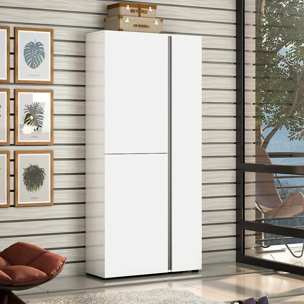 Meuble à chaussures Dbarbierat, Meuble à chaussures, Armoire d'entrée polyvalente, 91x33h196 cm, Blanc brillant et anthracite