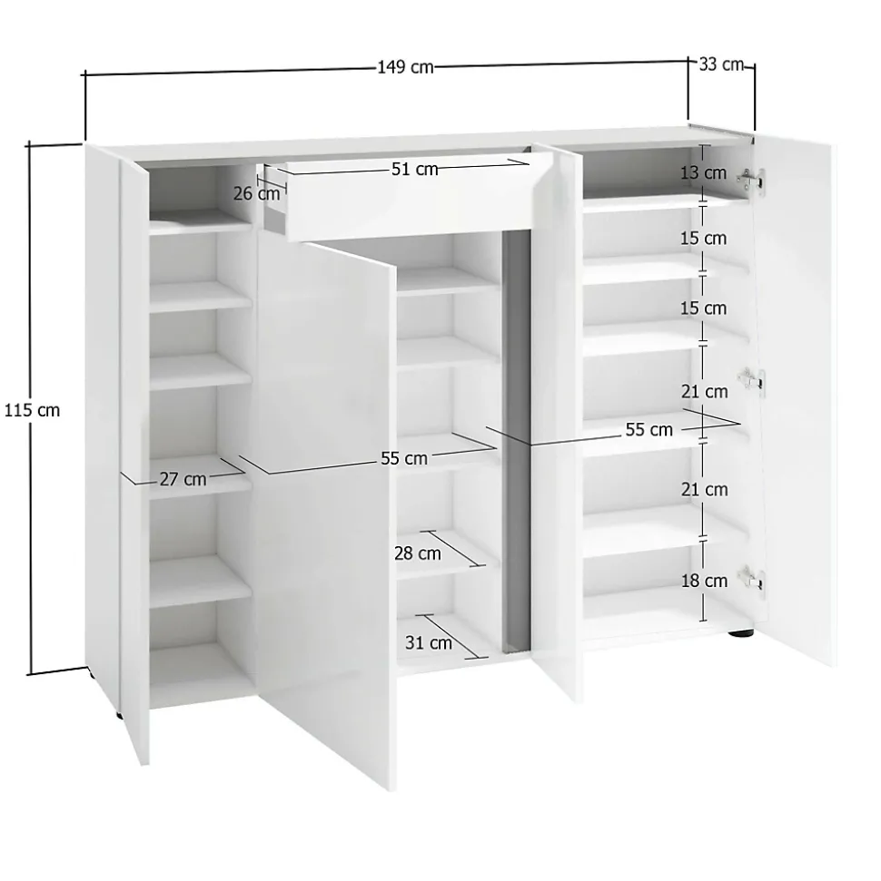 Meuble à chaussures Dbilaltour, Meuble à chaussures, Armoire d'entrée polyvalente, 149x33h115 cm, Blanc brillant et anthracite