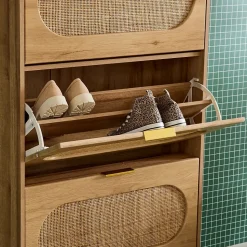 Meuble à chaussures décor bois et cannage 3 abattants. poignées en métal - L 75 x P 26 x H 131 cm - Eva