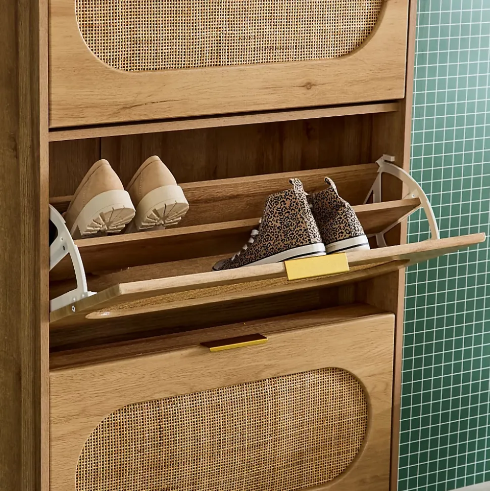 Meuble à chaussures décor bois et cannage 3 abattants. poignées en métal - L 75 x P 26 x H 131 cm - Eva