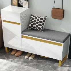 Meuble à Chaussures d'entrée - avec Tiroir et Portes - Banc avec Coussin Moelleux - MDF - 120x35x85 cm - Blanc