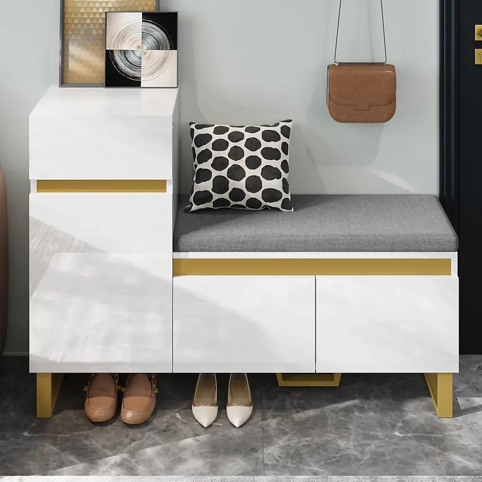 Meuble à Chaussures d'entrée - avec Tiroir et Portes - Banc avec Coussin Moelleux - MDF - 120x35x85 cm - Blanc