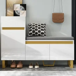 Meuble à Chaussures d'entrée - avec Tiroir et Portes - Banc avec Coussin Moelleux - MDF - 120x35x85 cm - Blanc