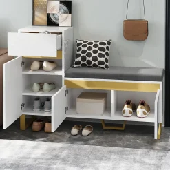 Meuble à Chaussures d'entrée - avec Tiroir et Portes - Banc avec Coussin Moelleux - MDF - 120x35x85 cm - Blanc
