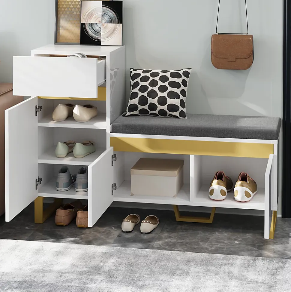 Meuble à Chaussures d'entrée - avec Tiroir et Portes - Banc avec Coussin Moelleux - MDF - 120x35x85 cm - Blanc