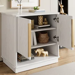 Meuble à Chaussures d'entrée avec 2 Portes, Rangement ouvert, design Moderne en MDF avec Poignées Dorées, Blanc Bois 60x40x61 cm