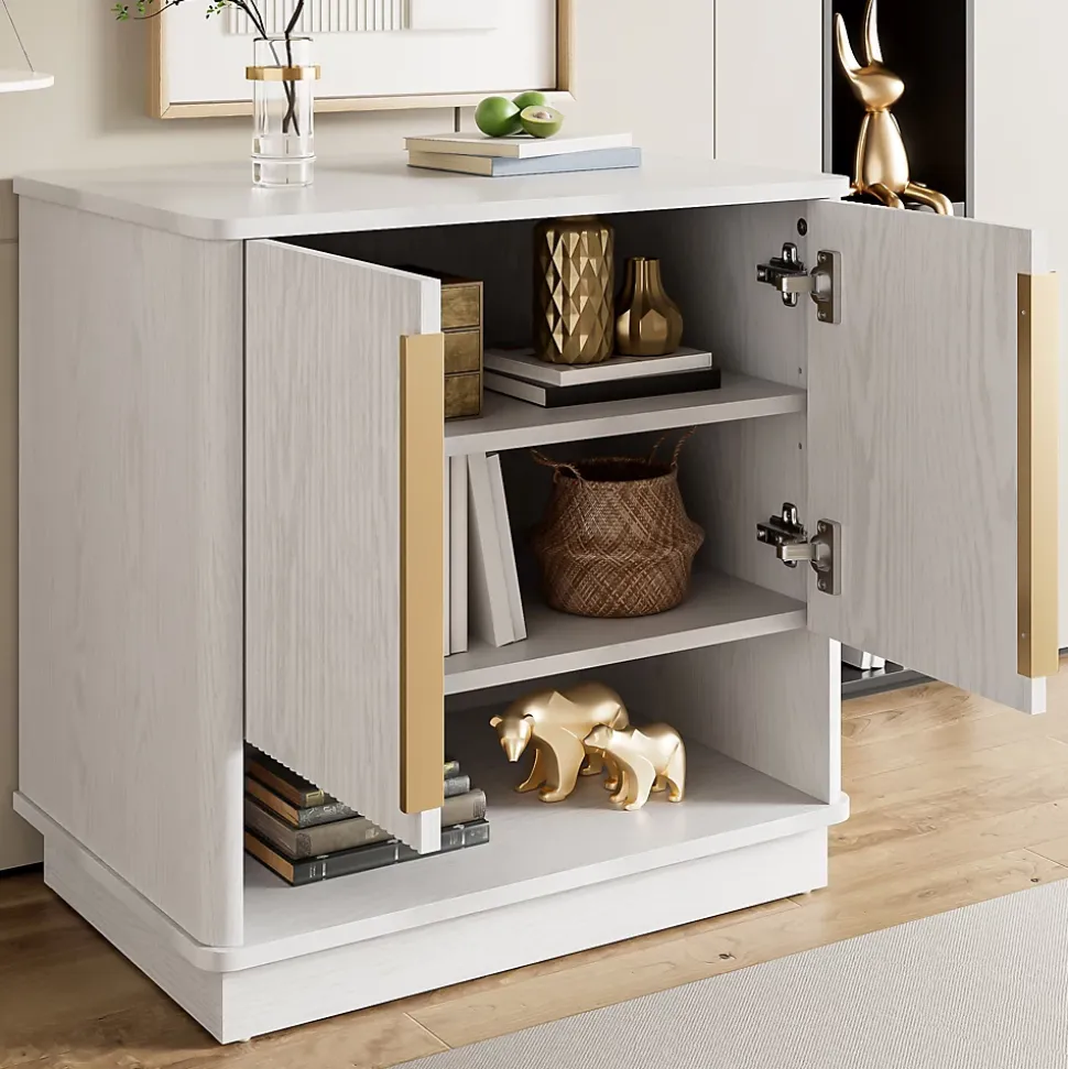 Meuble à Chaussures d'entrée avec 2 Portes, Rangement ouvert, design Moderne en MDF avec Poignées Dorées, Blanc Bois 60x40x61 cm
