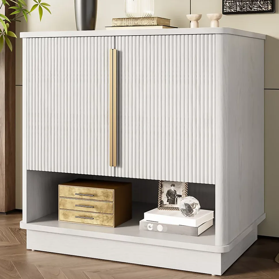 Meuble à Chaussures d'entrée avec 2 Portes, Rangement ouvert, design Moderne en MDF avec Poignées Dorées, Blanc Bois 60x40x61 cm