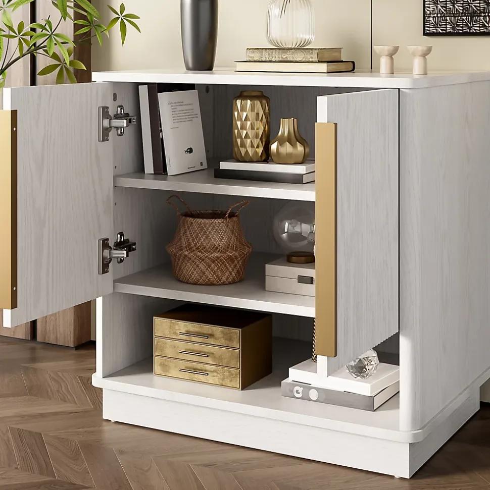Meuble à Chaussures d'entrée avec 2 Portes, Rangement ouvert, design Moderne en MDF avec Poignées Dorées, Blanc Bois 60x40x61 cm