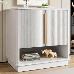 Meuble à Chaussures d'entrée avec 2 Portes, Rangement ouvert, design Moderne en MDF avec Poignées Dorées, Blanc Bois 60x40x61 cm