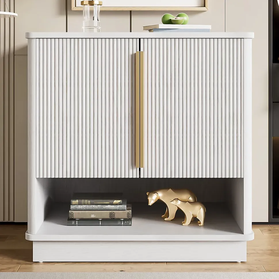 Meuble à Chaussures d'entrée avec 2 Portes, Rangement ouvert, design Moderne en MDF avec Poignées Dorées, Blanc Bois 60x40x61 cm