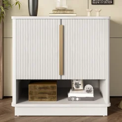 Meuble à Chaussures d'entrée avec 2 Portes, Rangement ouvert, design Moderne en MDF avec Poignées Dorées, Blanc Bois 60x40x61 cm