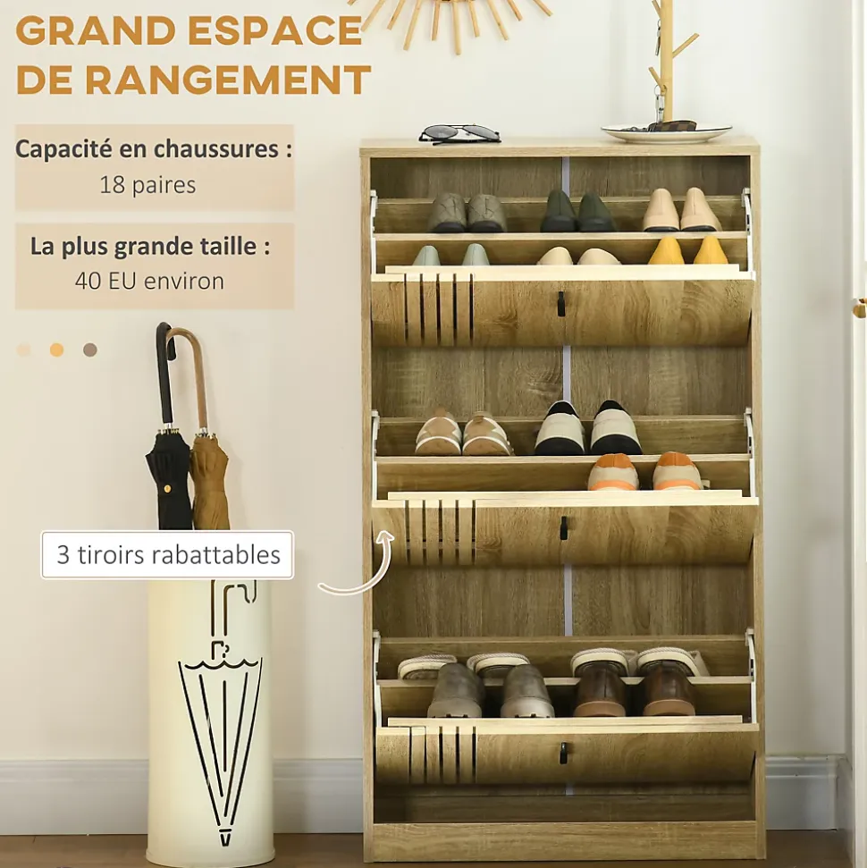 Meuble à chaussures design Urban Craft 3 portes abattantes 3 étagères poignées métal noir aspect chêne clair