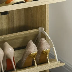 Meuble à chaussures design Urban Craft 3 portes abattantes 3 étagères poignées métal noir aspect chêne clair