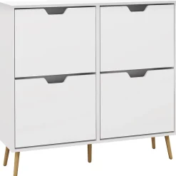 Meuble à chaussures design scandinave 4 portes abattantes 4 étagères réglables bois pin panneaux blanc