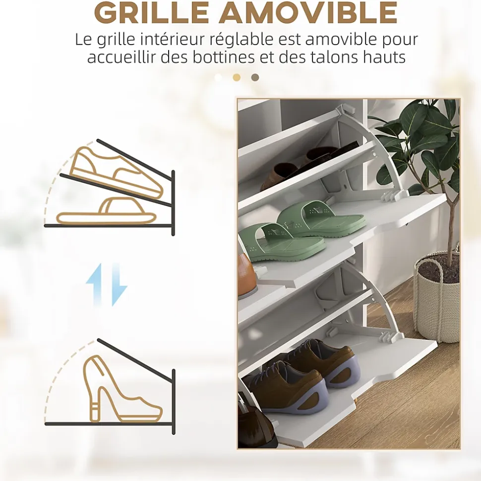 Meuble à chaussures design scandinave 4 portes abattantes 4 étagères réglables bois pin panneaux blanc
