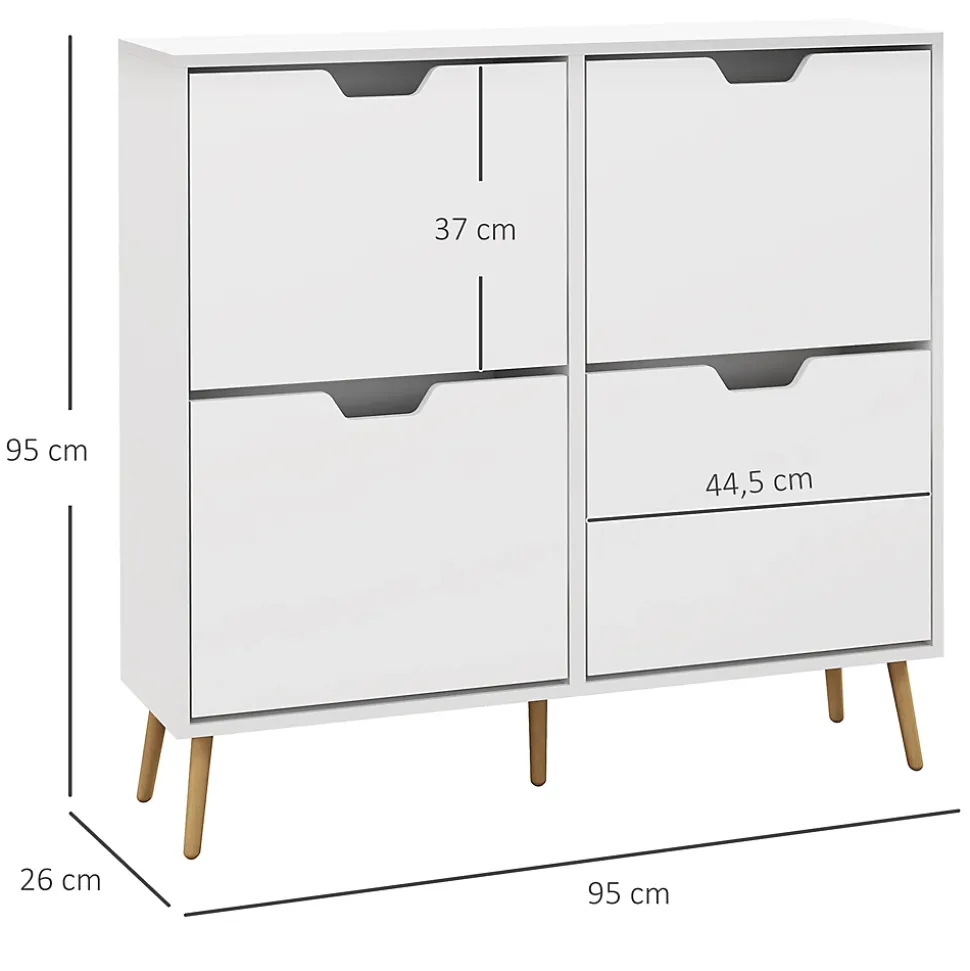 Meuble à chaussures design scandinave 4 portes abattantes 4 étagères réglables bois pin panneaux blanc