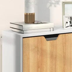 Meuble à chaussures design scandinave 4 portes abattantes 4 étagères réglables bois pin panneaux bois blanc