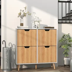 Meuble à chaussures design scandinave 4 portes abattantes 4 étagères réglables bois pin panneaux bois blanc