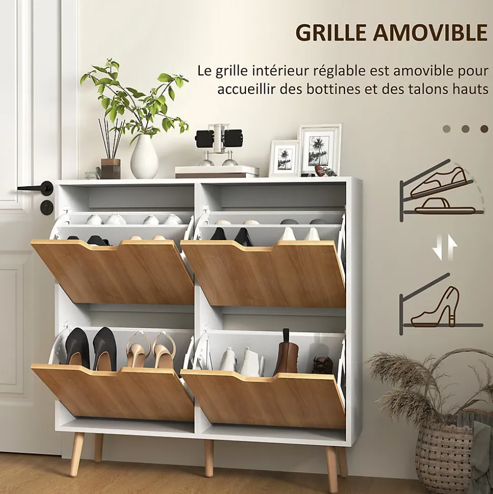 Meuble à chaussures design scandinave 4 portes abattantes 4 étagères réglables bois pin panneaux bois blanc