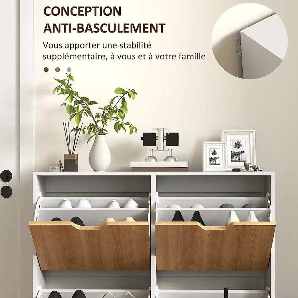 Meuble à chaussures design scandinave 4 portes abattantes 4 étagères réglables bois pin panneaux bois blanc