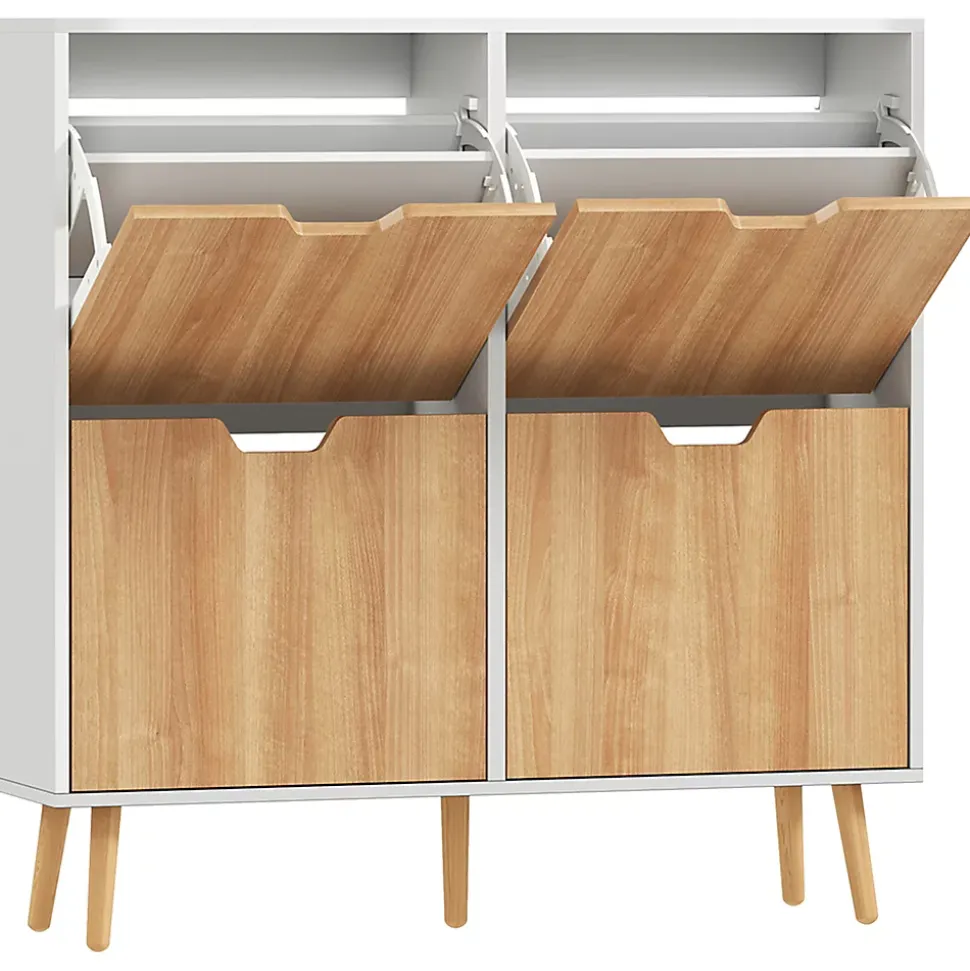 Meuble à chaussures design scandinave 4 portes abattantes 4 étagères réglables bois pin panneaux bois blanc