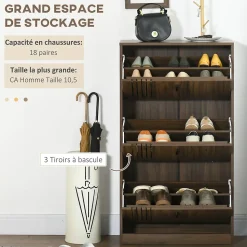 Meuble à chaussures design Urban Craft 3 portes abattantes 3 étagères poignées métal noir aspect noyer