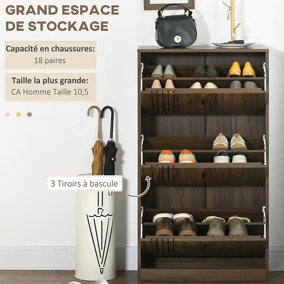 Meuble à chaussures design Urban Craft 3 portes abattantes 3 étagères poignées métal noir aspect noyer