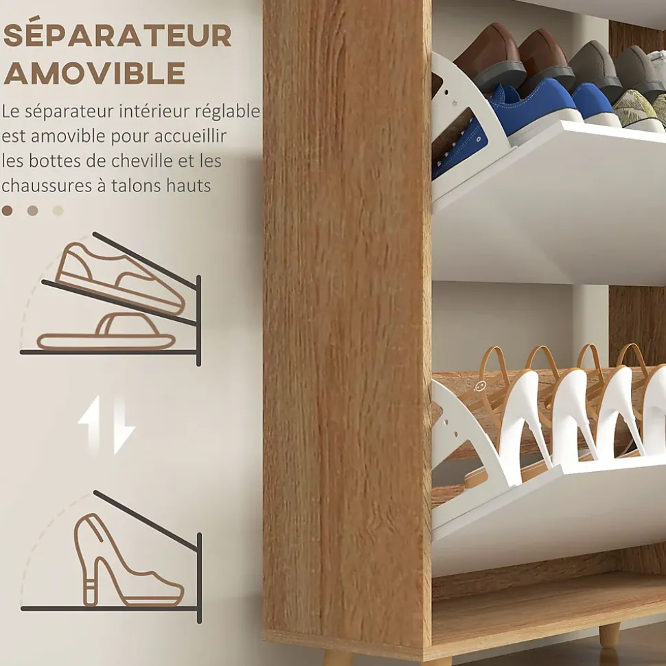 Meuble à chaussures design scandinave - 3 portes abattantes - panneaux blanc aspect bois naturel