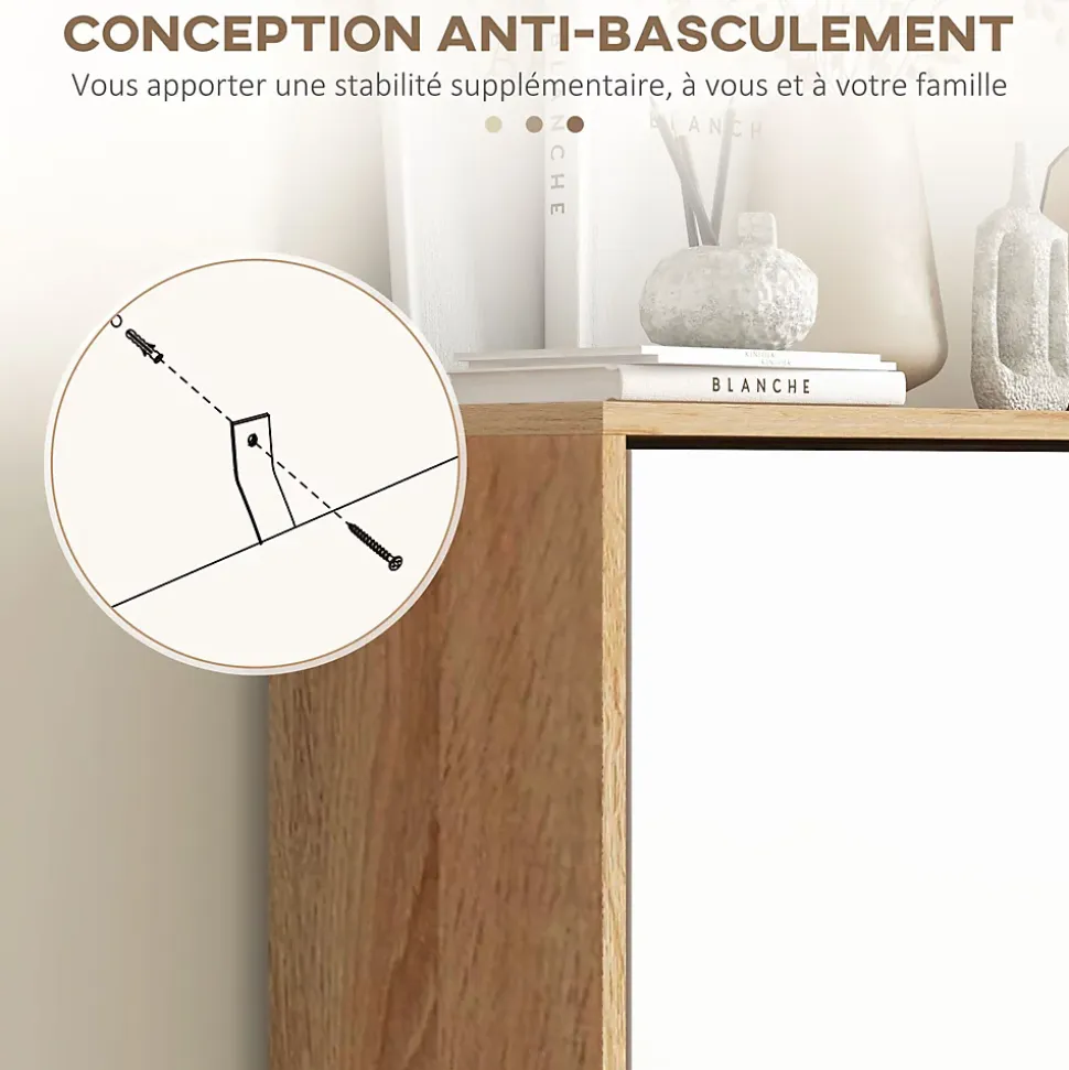 Meuble à chaussures design scandinave - 3 portes abattantes - panneaux blanc aspect bois naturel