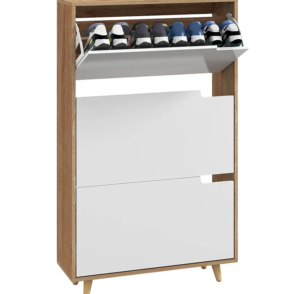 Meuble à chaussures design scandinave - 3 portes abattantes - panneaux blanc aspect bois naturel