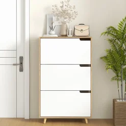 Meuble à chaussures design scandinave - 3 portes abattantes - panneaux blanc aspect bois naturel