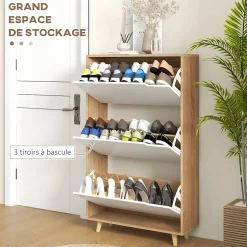 Meuble à chaussures design scandinave - 3 portes abattantes - panneaux blanc aspect bois naturel