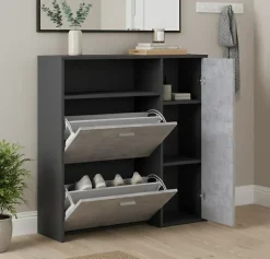 Meuble à chaussures Dpinn, Meuble chaussures peu encombrante, Meuble avec 3 portes pliantes, 92x27h94 cm, Anthracite, Ciment