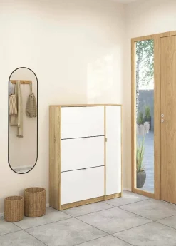 Meuble à chaussures Dtour, Meuble à chaussures, Armoire d'entrée polyvalente, 99x24 h124 cm, Chêne et Blanc