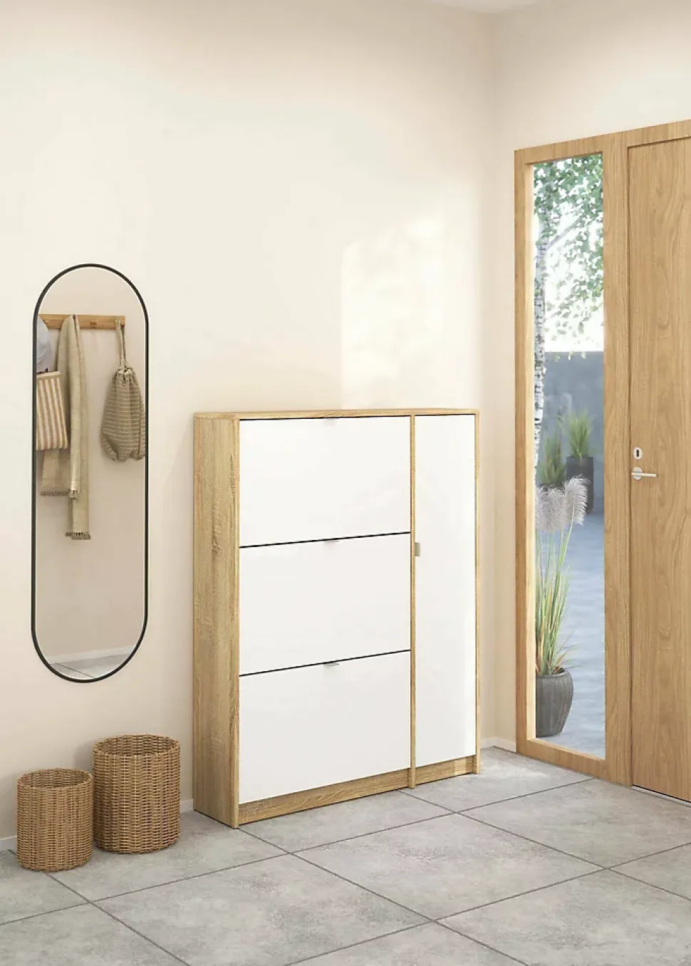 Meuble à chaussures Dtour, Meuble à chaussures, Armoire d'entrée polyvalente, 99x24 h124 cm, Chêne et Blanc