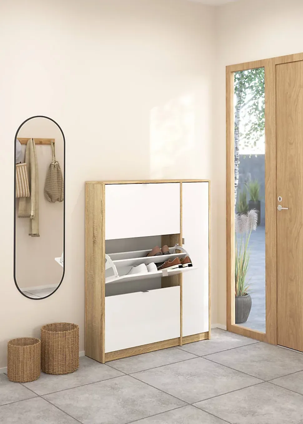 Meuble à chaussures Dtour, Meuble à chaussures, Armoire d'entrée polyvalente, 99x24 h124 cm, Chêne et Blanc