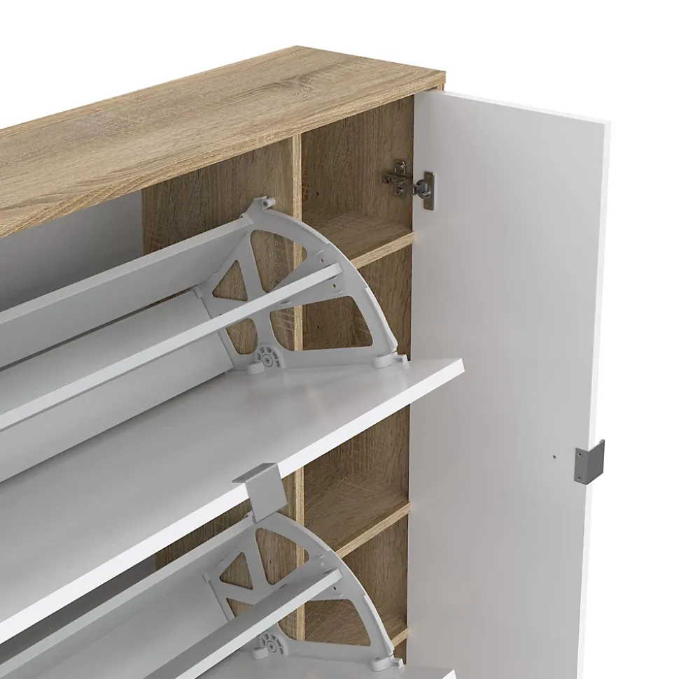 Meuble à chaussures Dtour, Meuble à chaussures, Armoire d'entrée polyvalente, 99x24 h124 cm, Chêne et Blanc