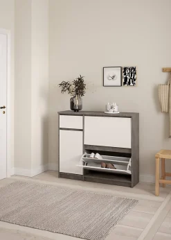 Meuble à chaussures Dtrainin, Meuble à chaussures, Armoire d'entrée polyvalente, 109x32 h93 cm, Ciment et blanc
